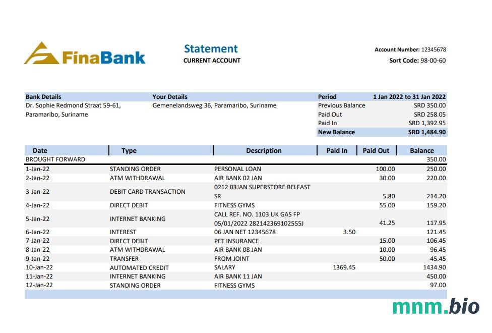 Suriname Centrale Bank Van Suriname bank stetement xls